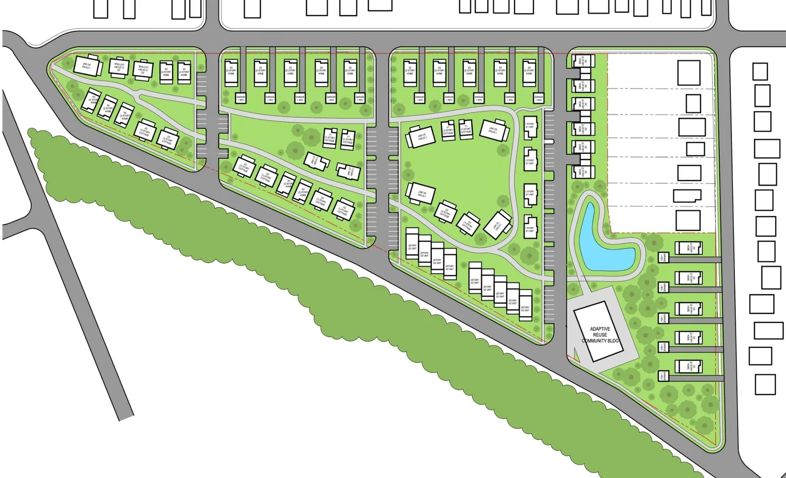 Concept 2 site plan, a more organic layout with a looping path and a single community building