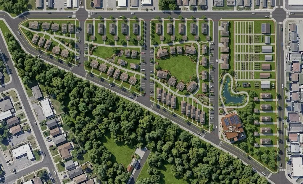 Proposed site plan seen from above: a cottage-court layout with a loop path, shared greens, a community garden and one adaptive-reuse community building