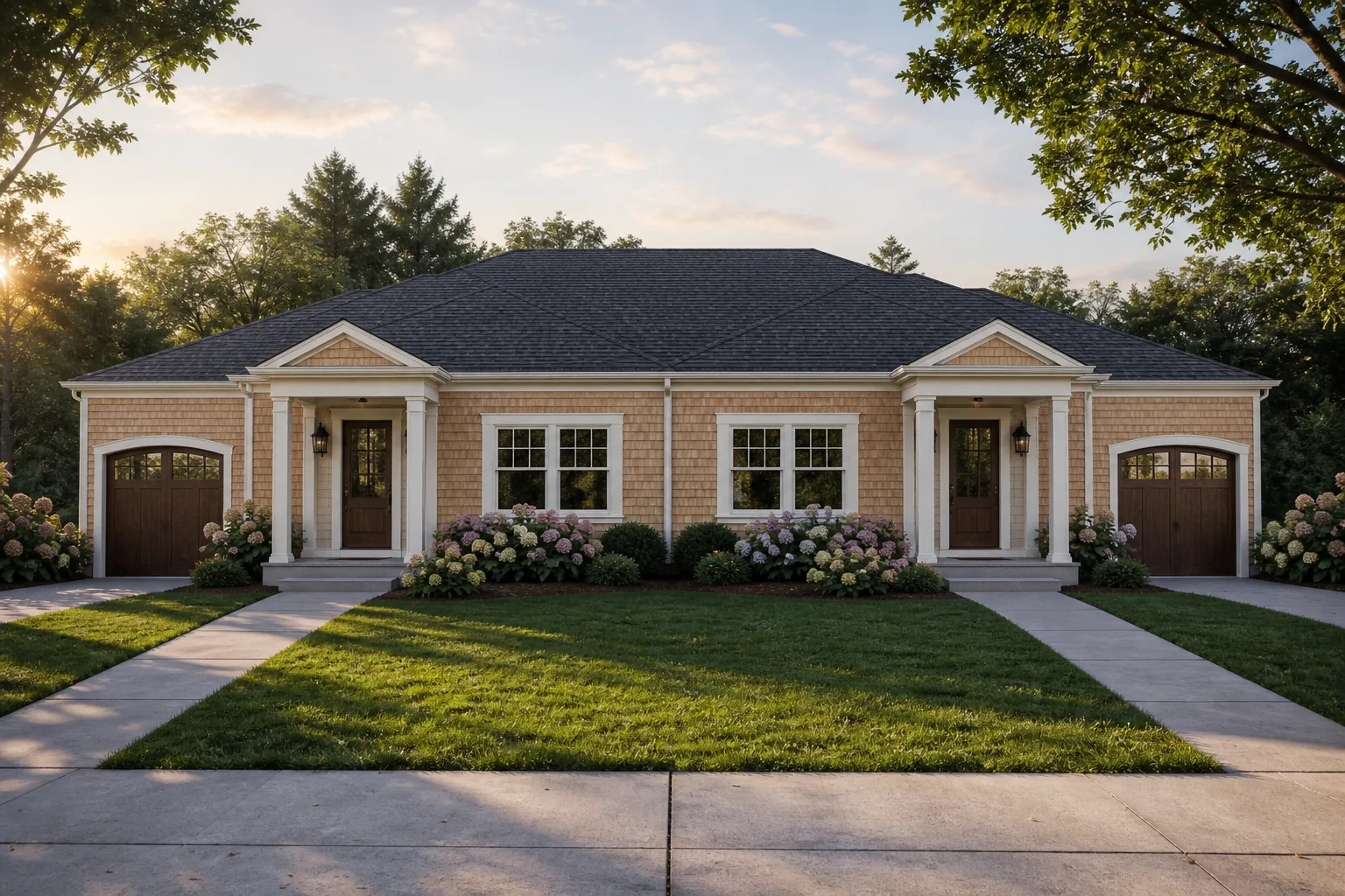 Concept rendering of a wood-shingle duplex with two front entries