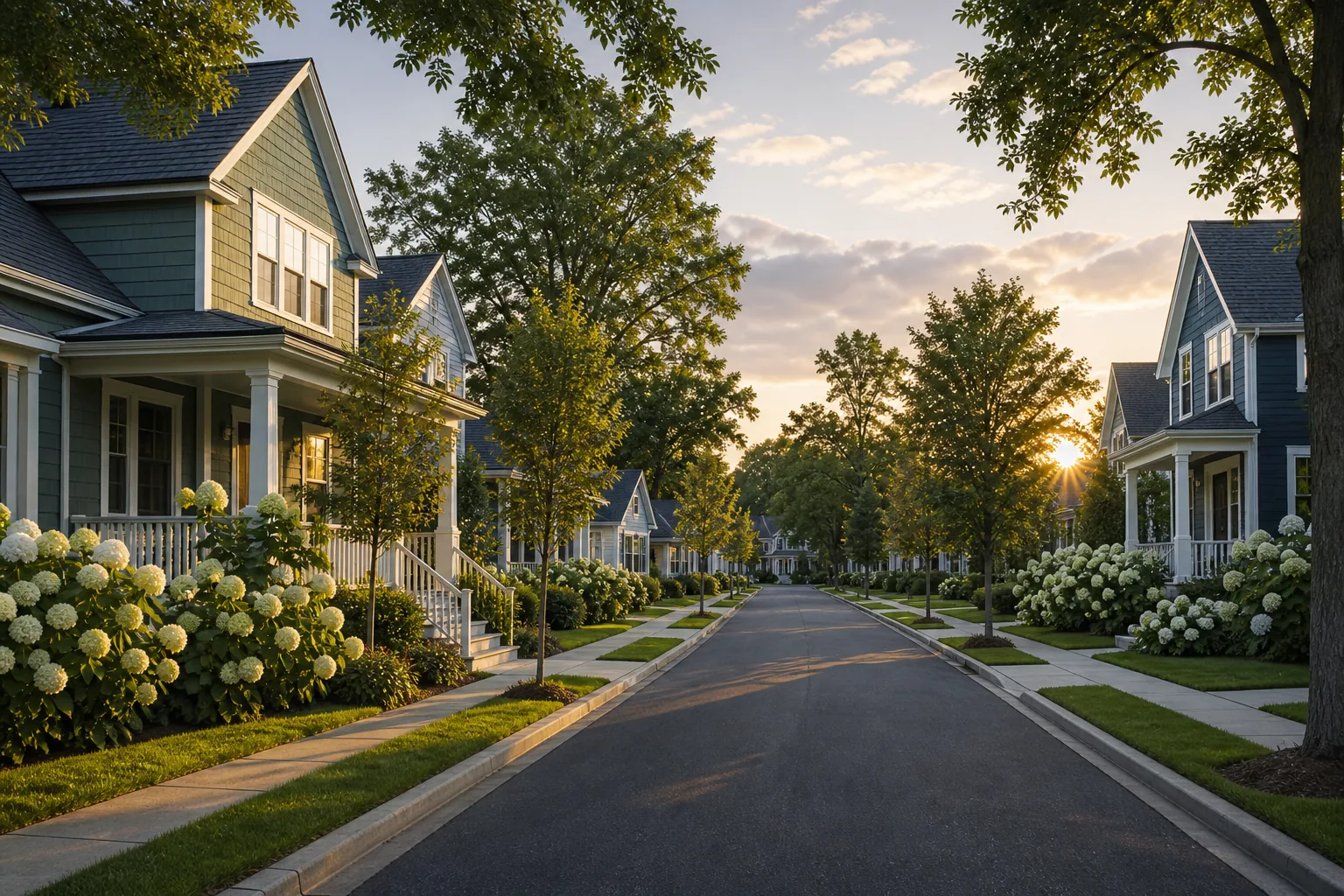 Concept rendering of a quiet residential street with compact cottages and shared sidewalks