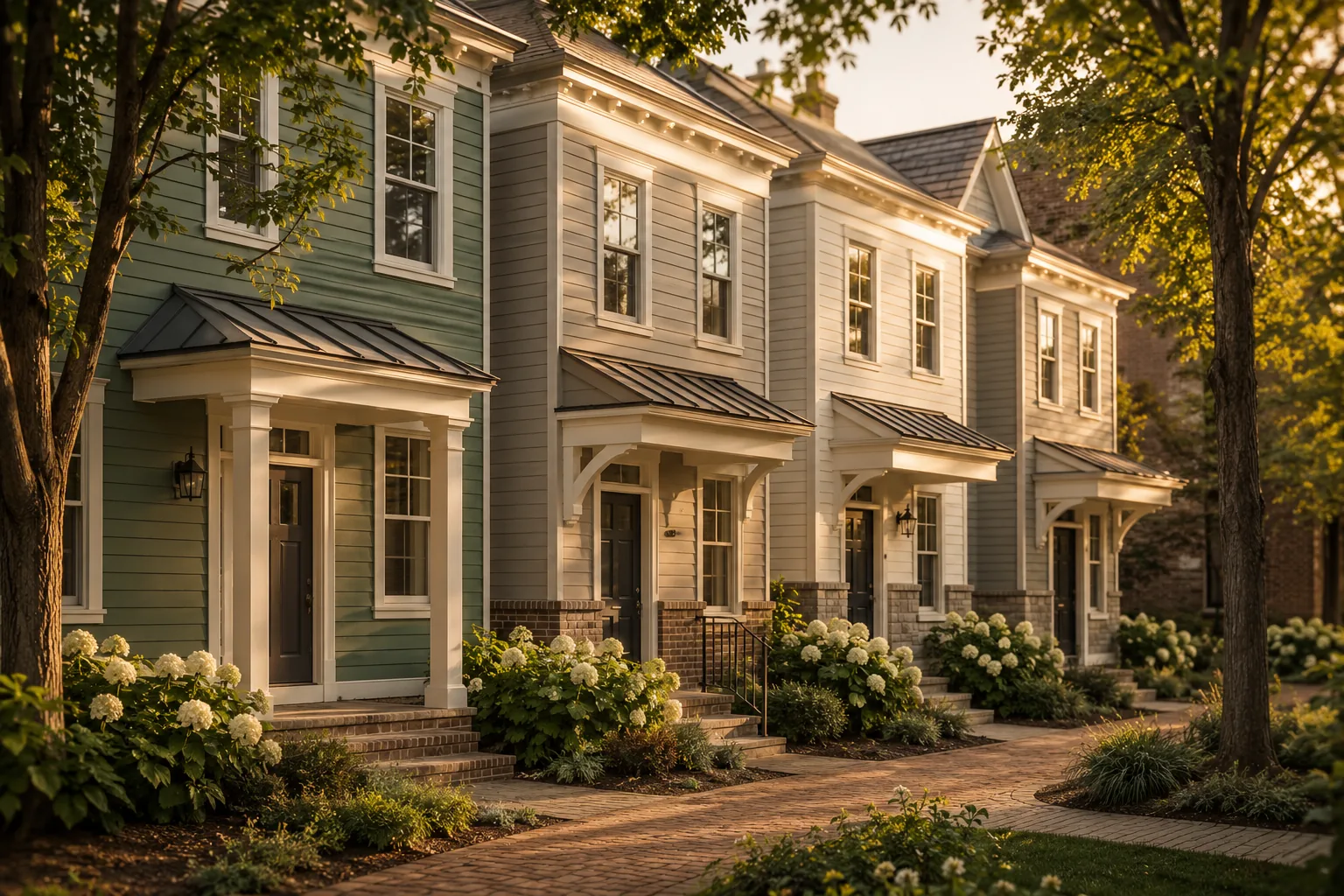 Concept rendering of attached two-story row houses with individual porches onto a courtyard walk